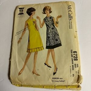 Vintage McCall's Sewing Pattern 6728 Teen & Juniors Midi Dress Size 12T 12 1960s